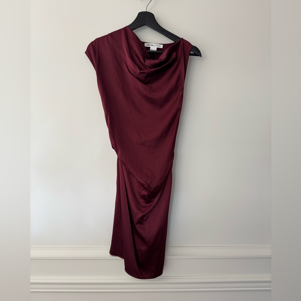 Helmut Lang Asymmetrical Drape Burgundy Dress